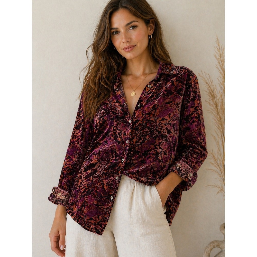 Johnny Was Whimsigoth Cobra Print Velvet Shirt Women XS Scarlet Red Button Up